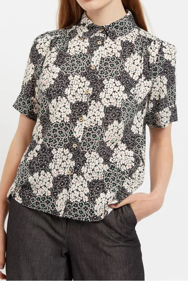 Barclay Flower Patch Print Short Sleeve Blouse in Black & White