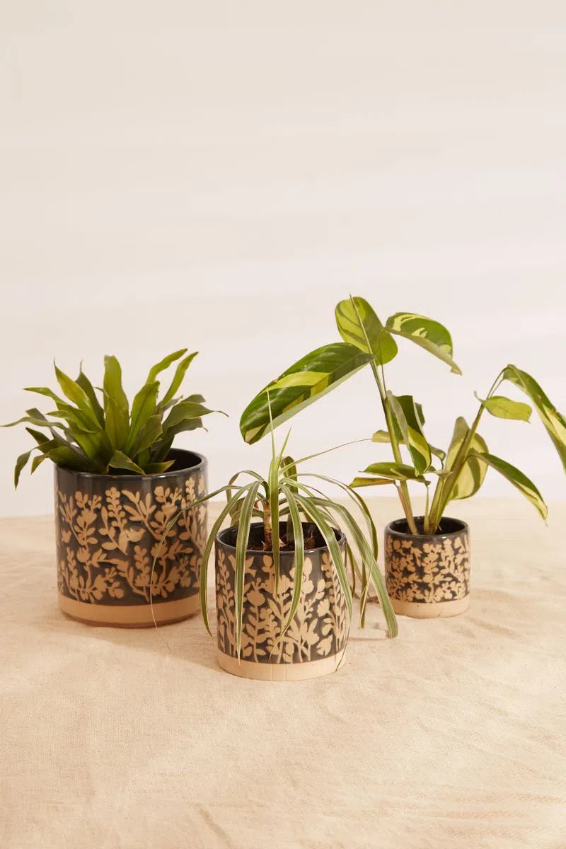 Set Of 3 Floral Embossed Glazed Planters In Blue