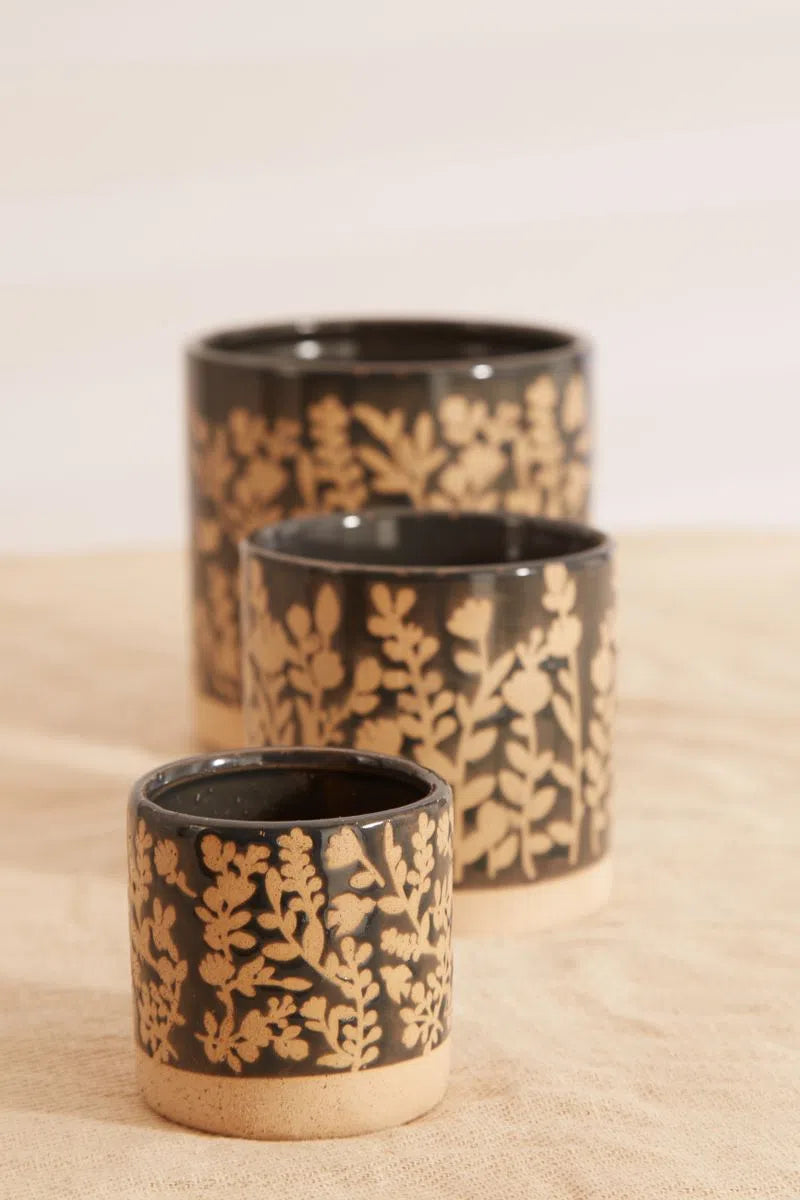 Set Of 3 Floral Embossed Glazed Planters In Blue - Detail 1
