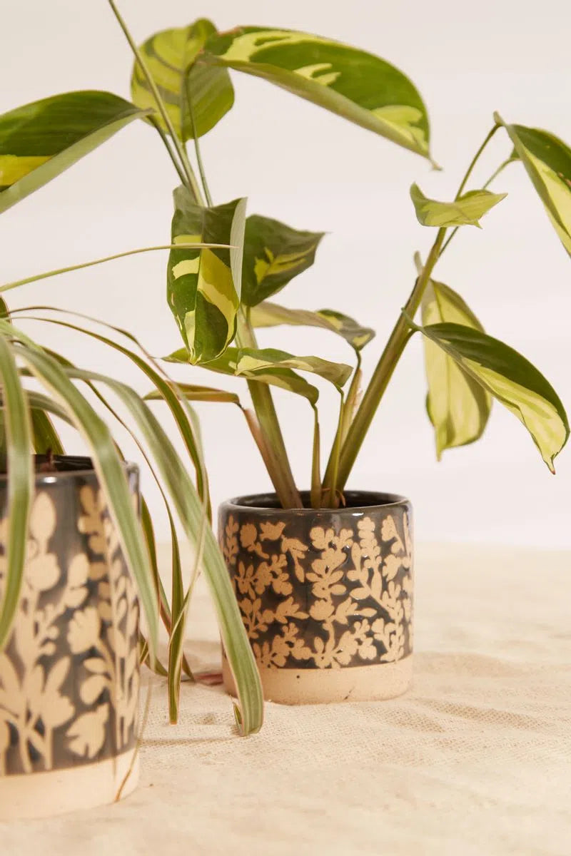 Set Of 3 Floral Embossed Glazed Planters In Blue