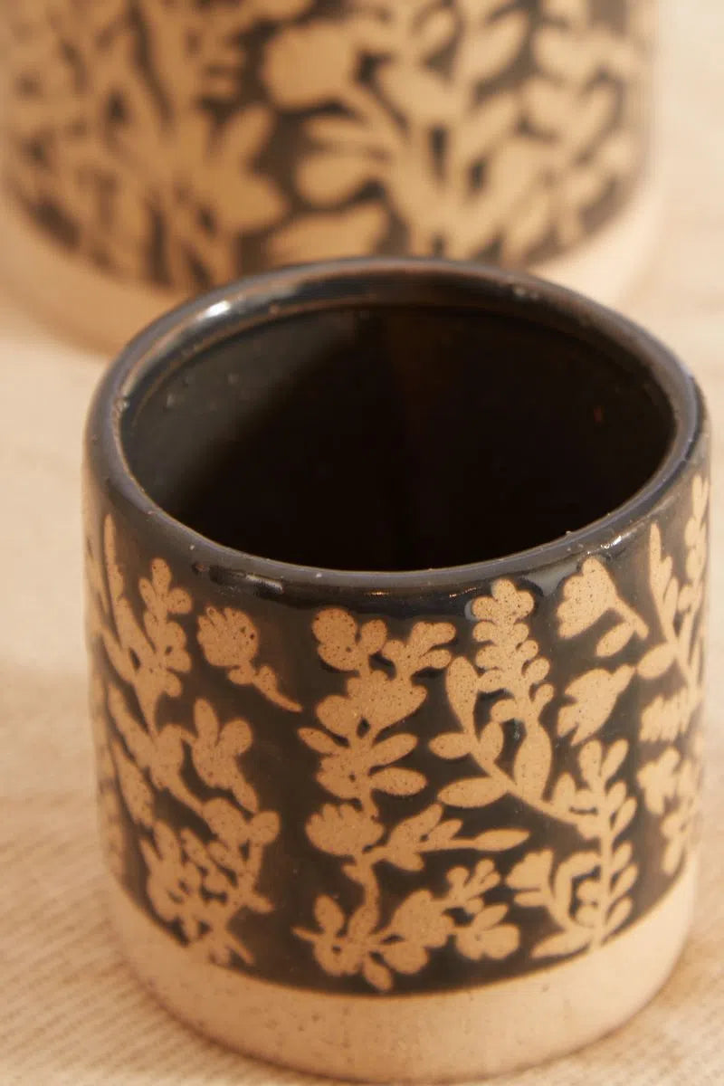 Set Of 3 Floral Embossed Glazed Planters In Blue - Styled