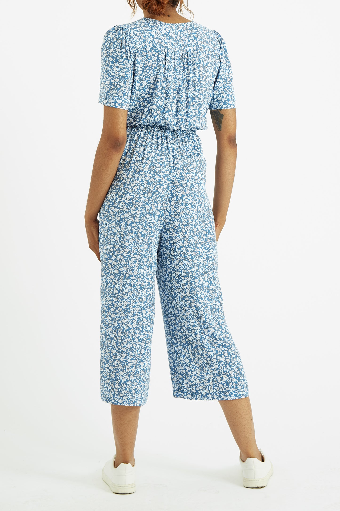 Belen Micro Blossom Print Short Sleeve Jumpsuit In Blue