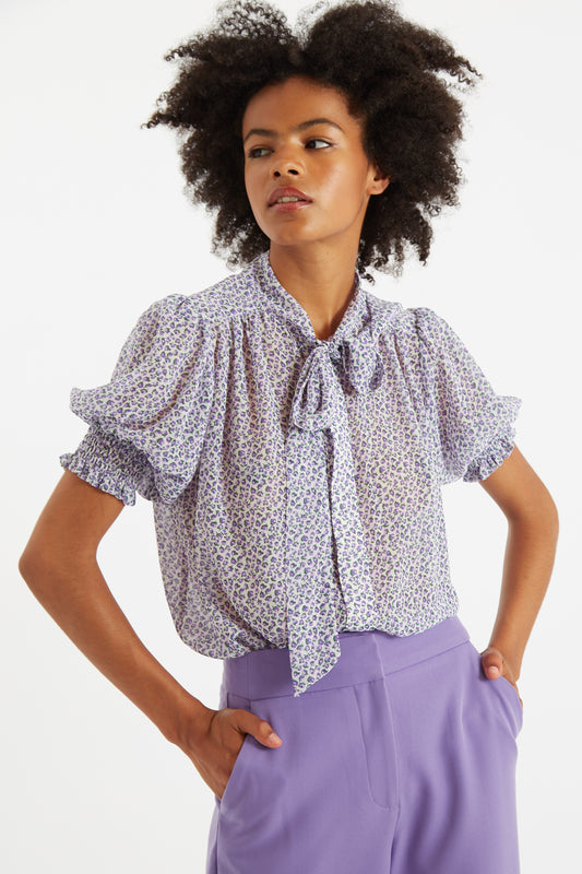 Belia Rosetta Tie Neck Short Sleeve Blouse