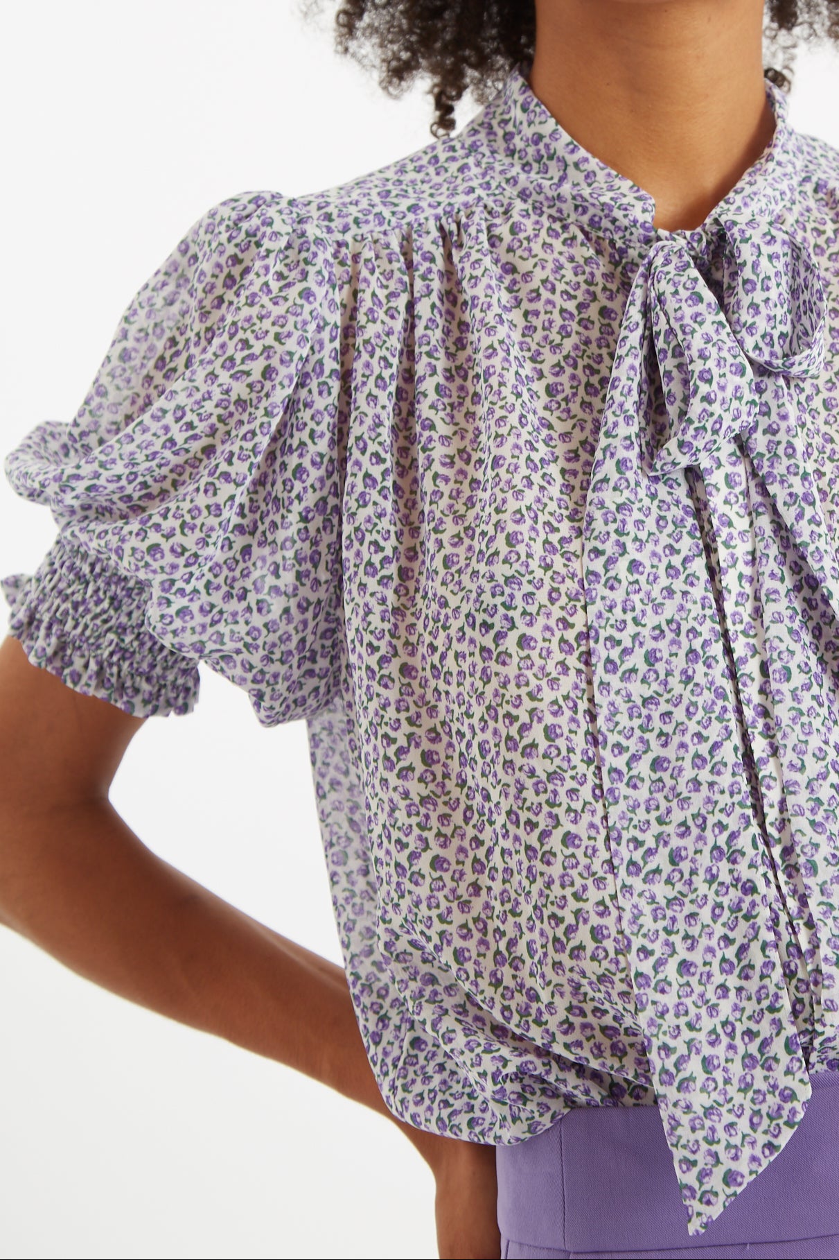 Belia Rosetta Tie Neck Short Sleeve Blouse