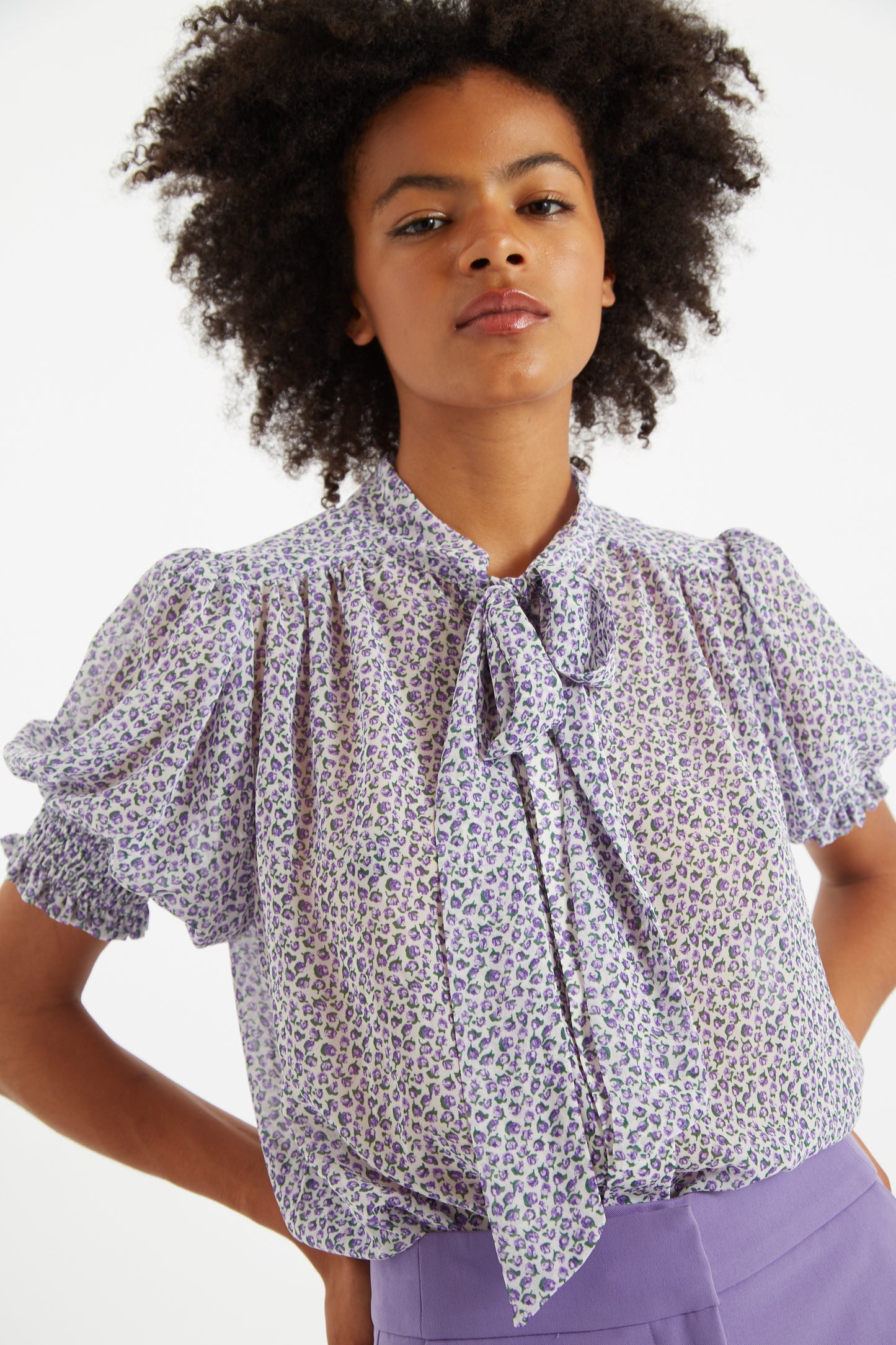 Belia Rosetta Tie Neck Short Sleeve Blouse