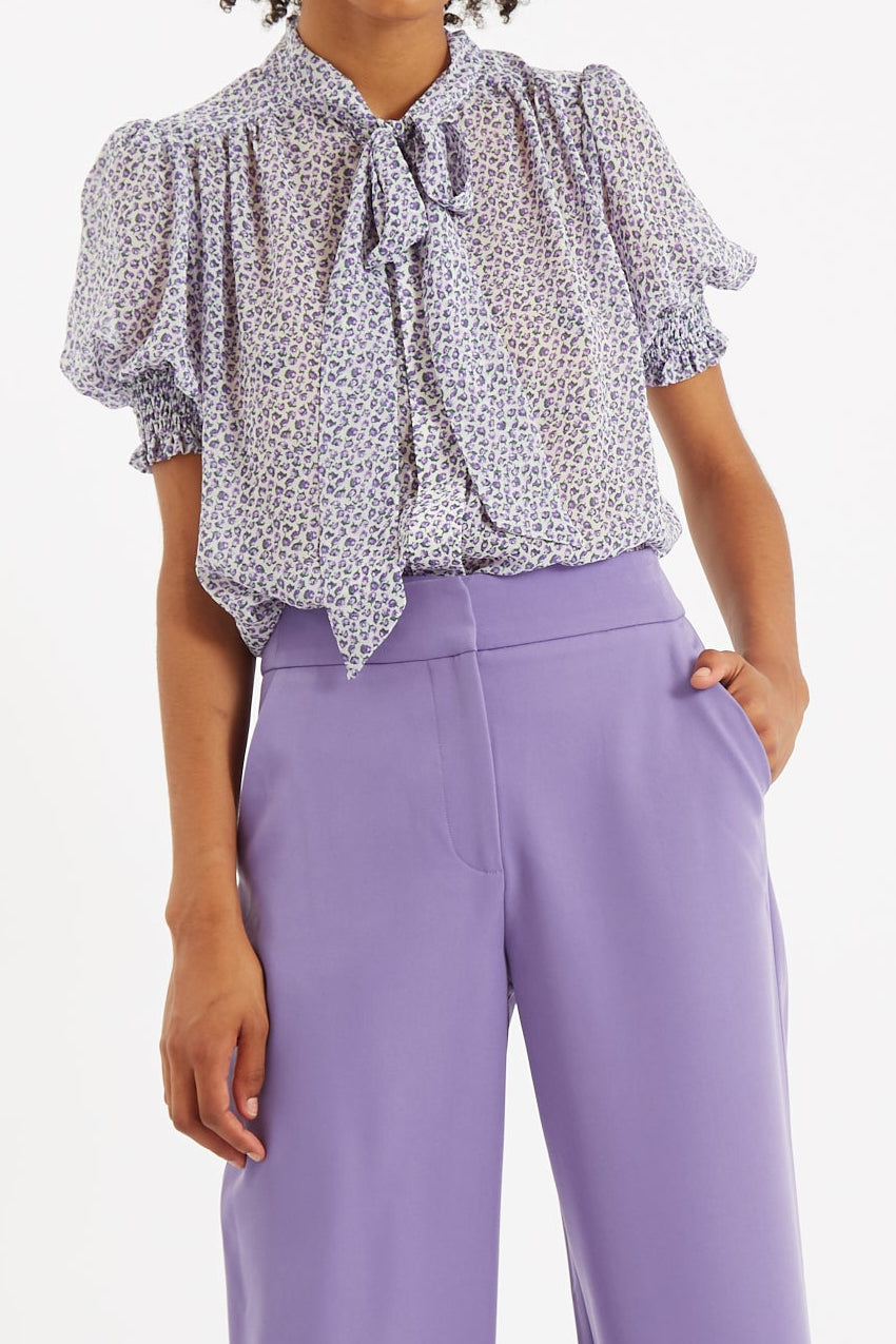 Belia Rosetta Tie Neck Short Sleeve Blouse