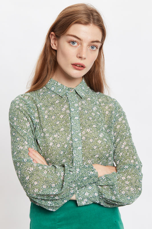 Louche Byron Primary Daisy Print Long Sleeve Shirt Green