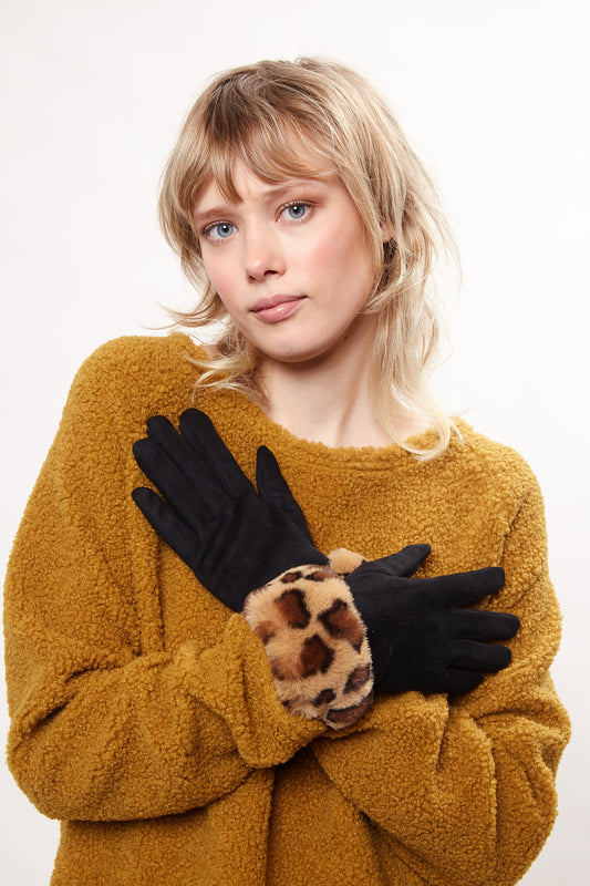 Louche Cadhla Faux Suede And Fur Cuffed Touch Screen Gloves - Black