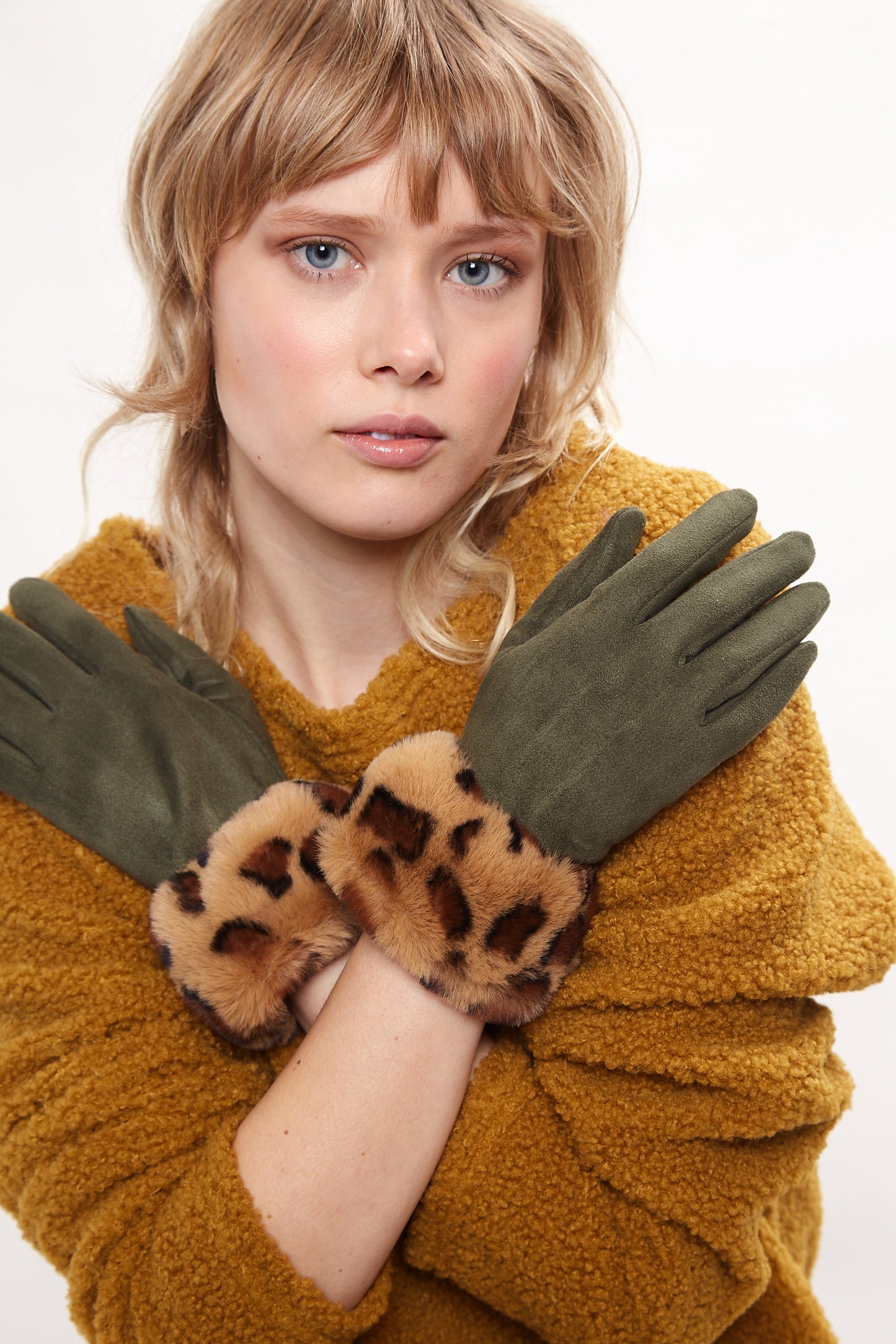 Louche Cadhla Faux Suede And Fur Cuffed Touch Screen Gloves - Green