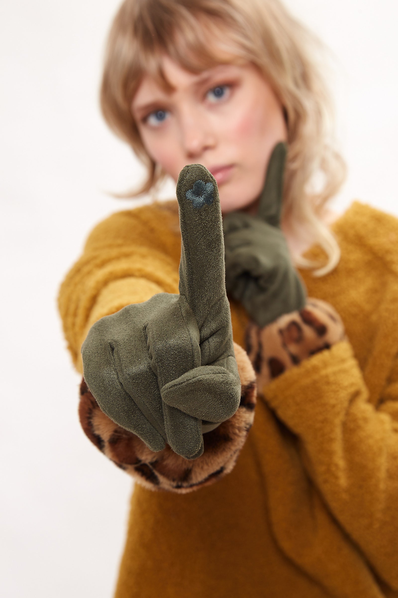 Louche Cadhla Faux Suede And Fur Cuffed Touch Screen Gloves - Green - Detail 1