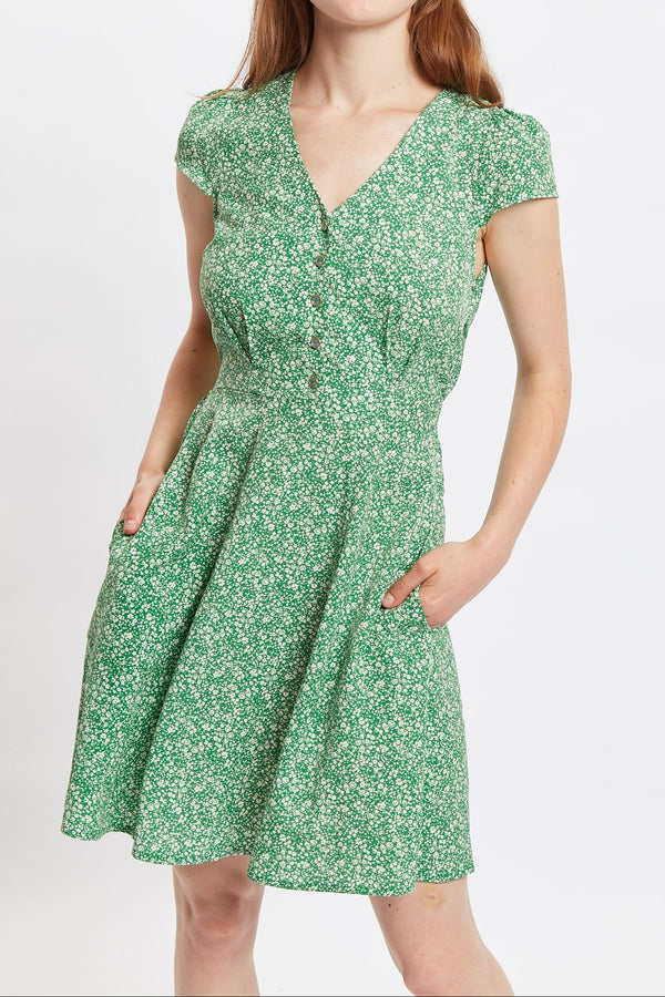 Louche Cathleen Micro Flower Print Mini Tea Dress - Green - Front