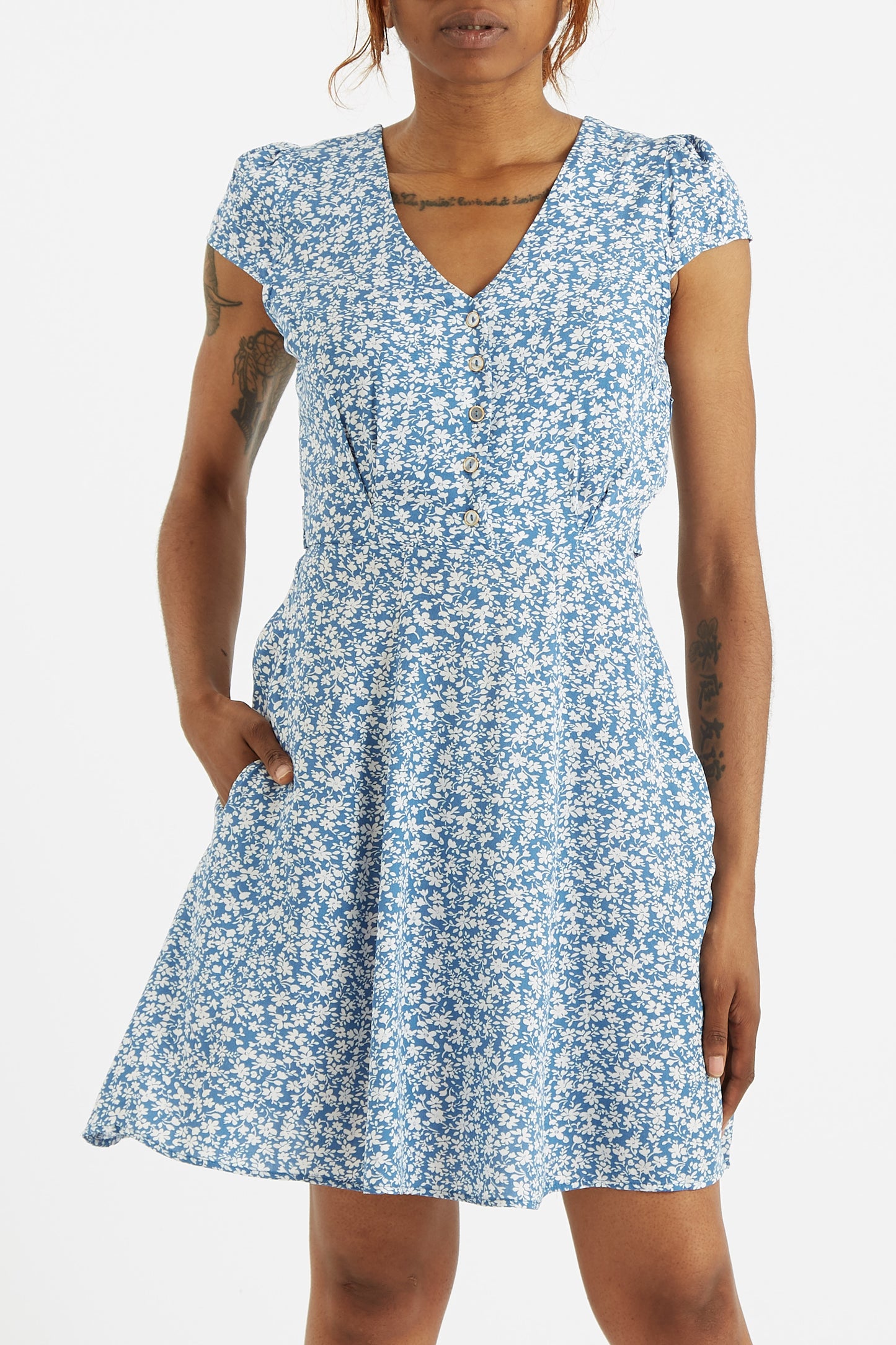 Louche Cathleen Micro Blossom Print Mini Tea Dress In Blue