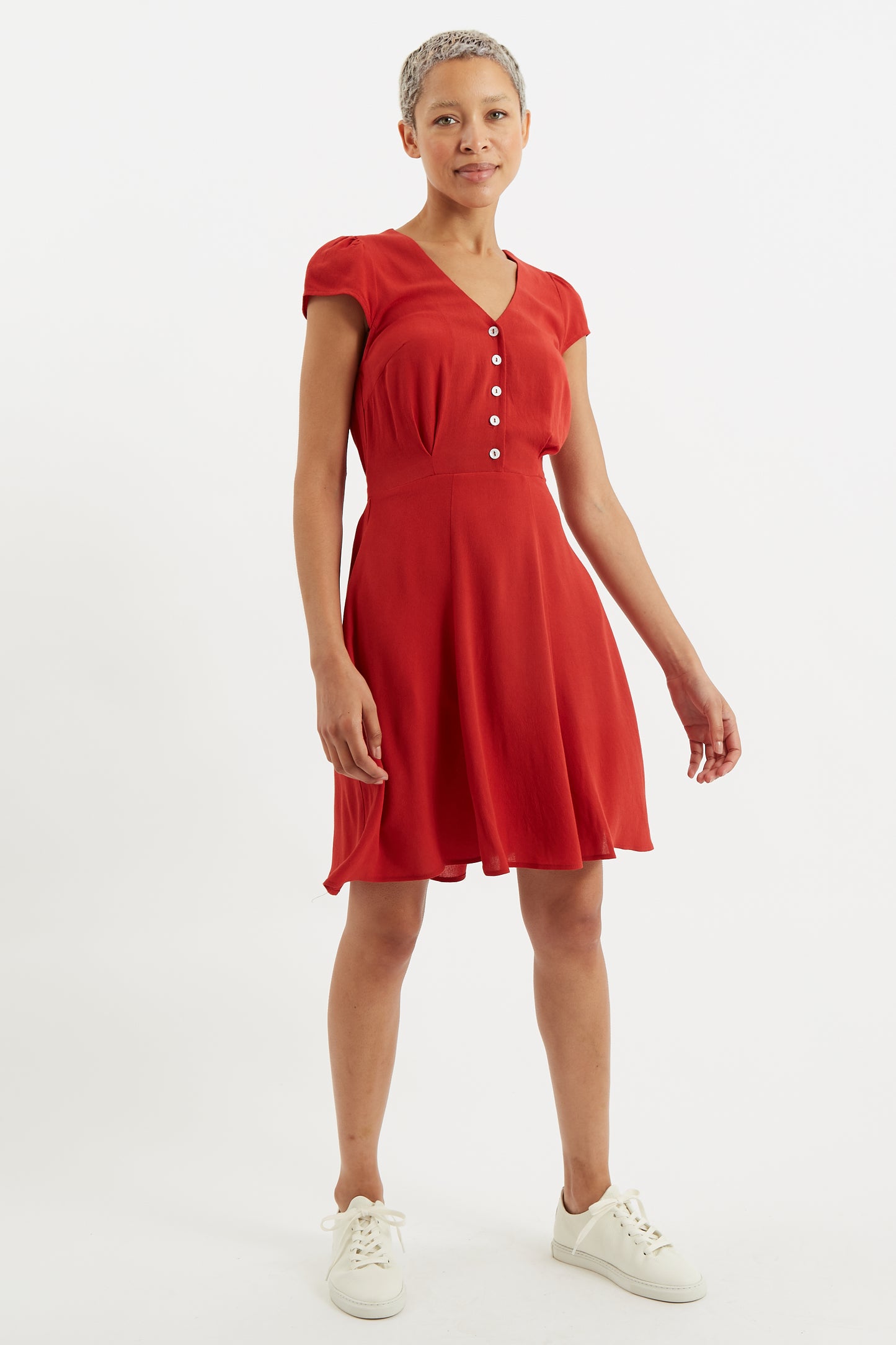 Cathleen Mini Moss Crepe Terracotta Red Tea Dress