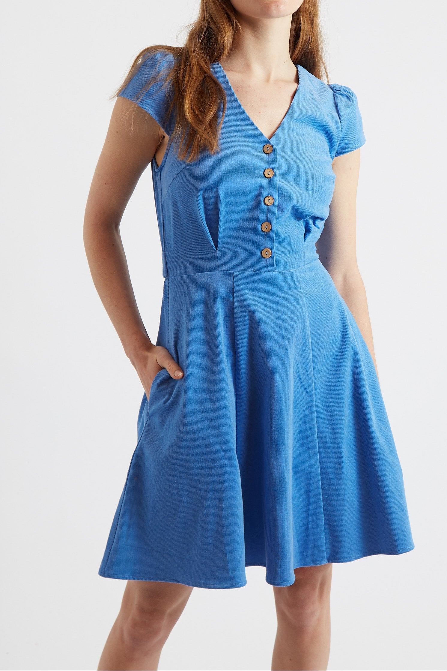Cathleen Blue Mini Baby Cord Tea Dress