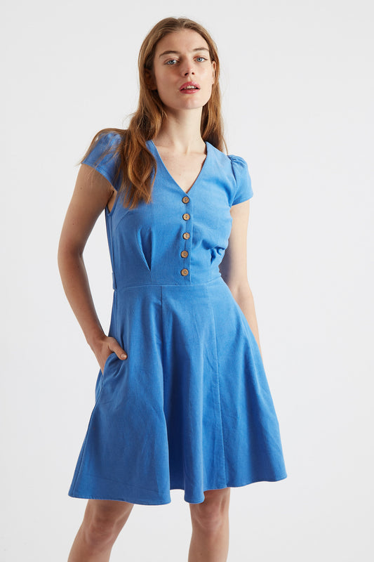 Louche Cathleen Blue Mini Baby Cord Tea Dress