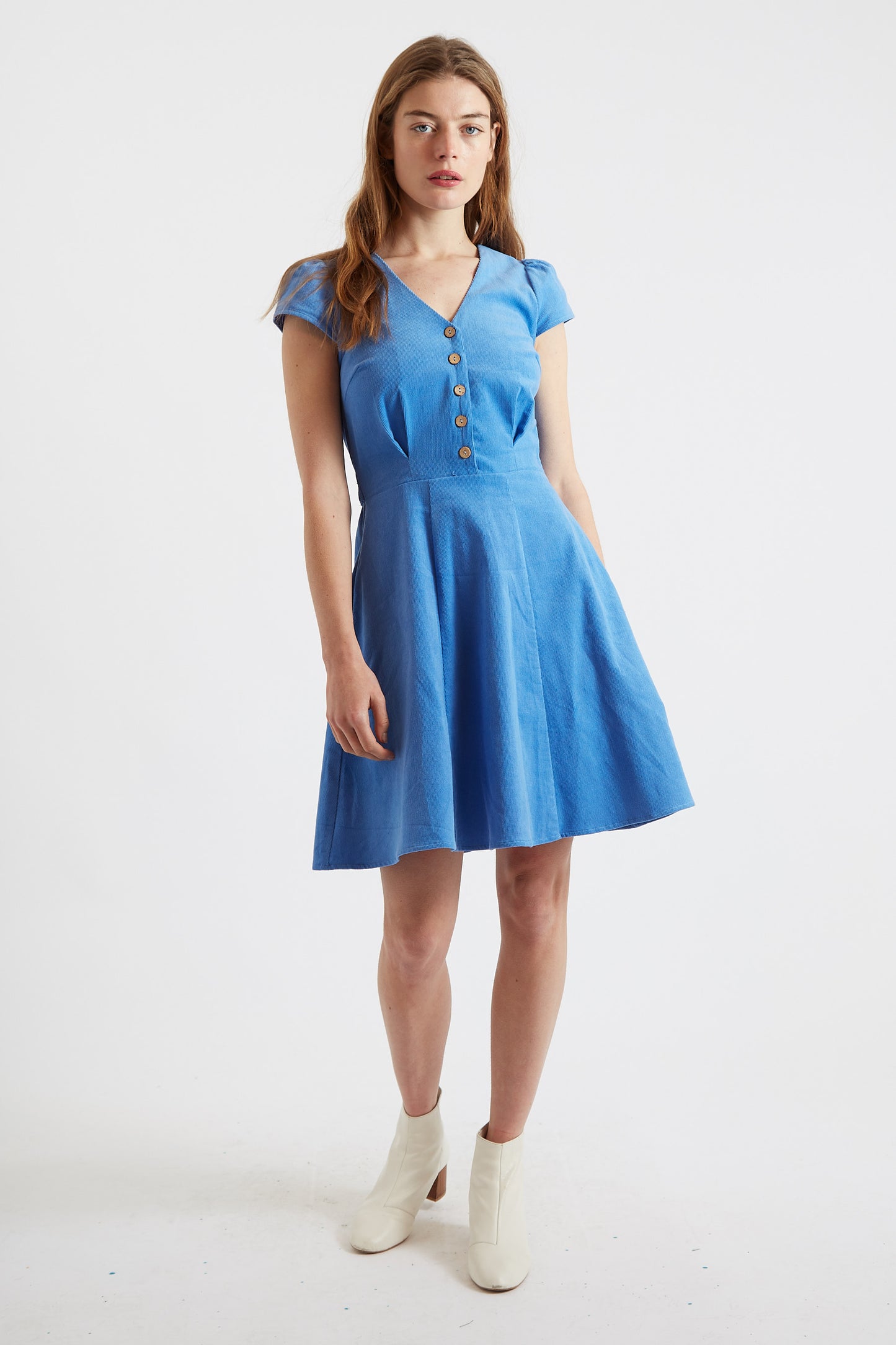 Louche Cathleen Blue Mini Baby Cord Tea Dress