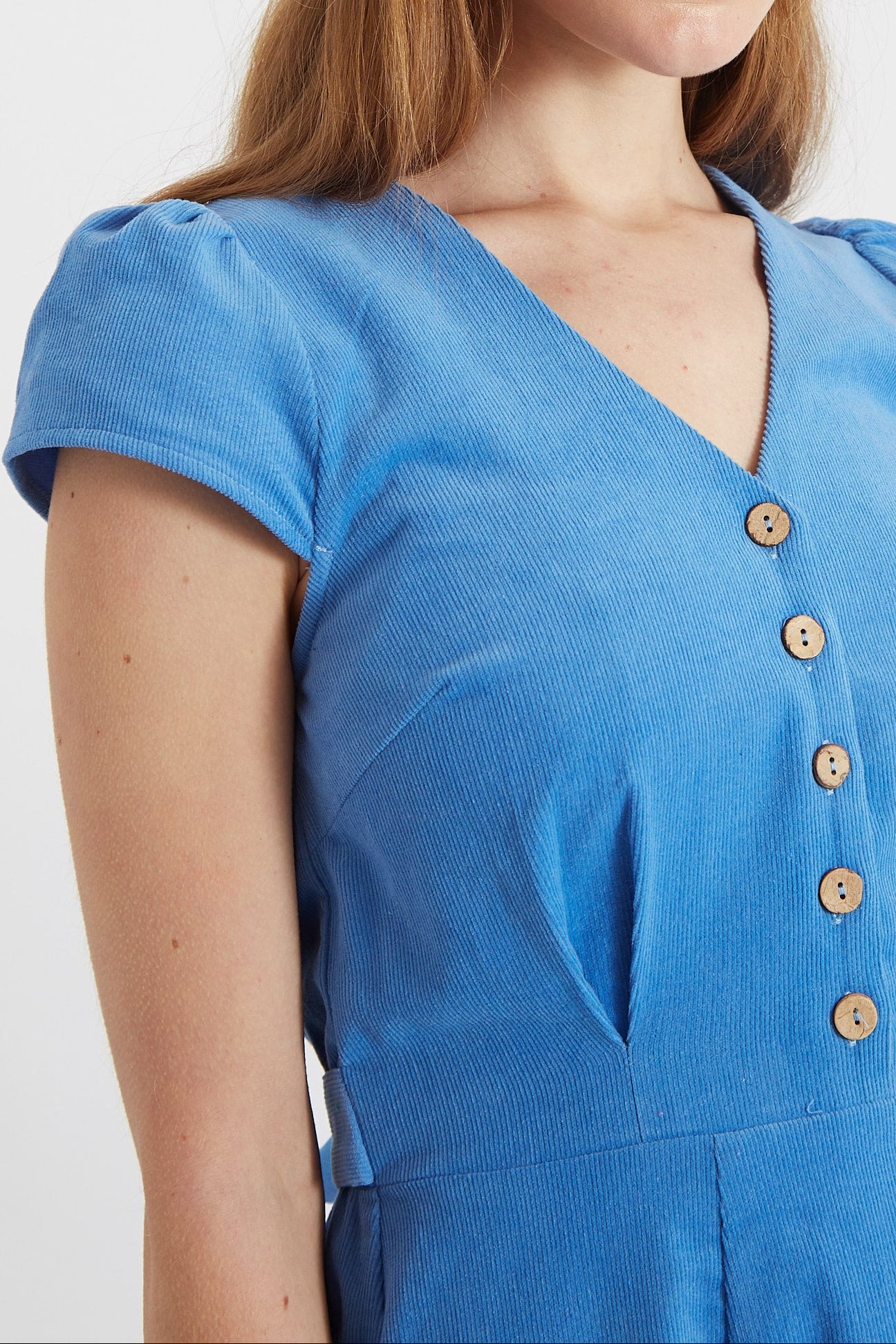 Cathleen Blue Mini Baby Cord Tea Dress - Detail 2