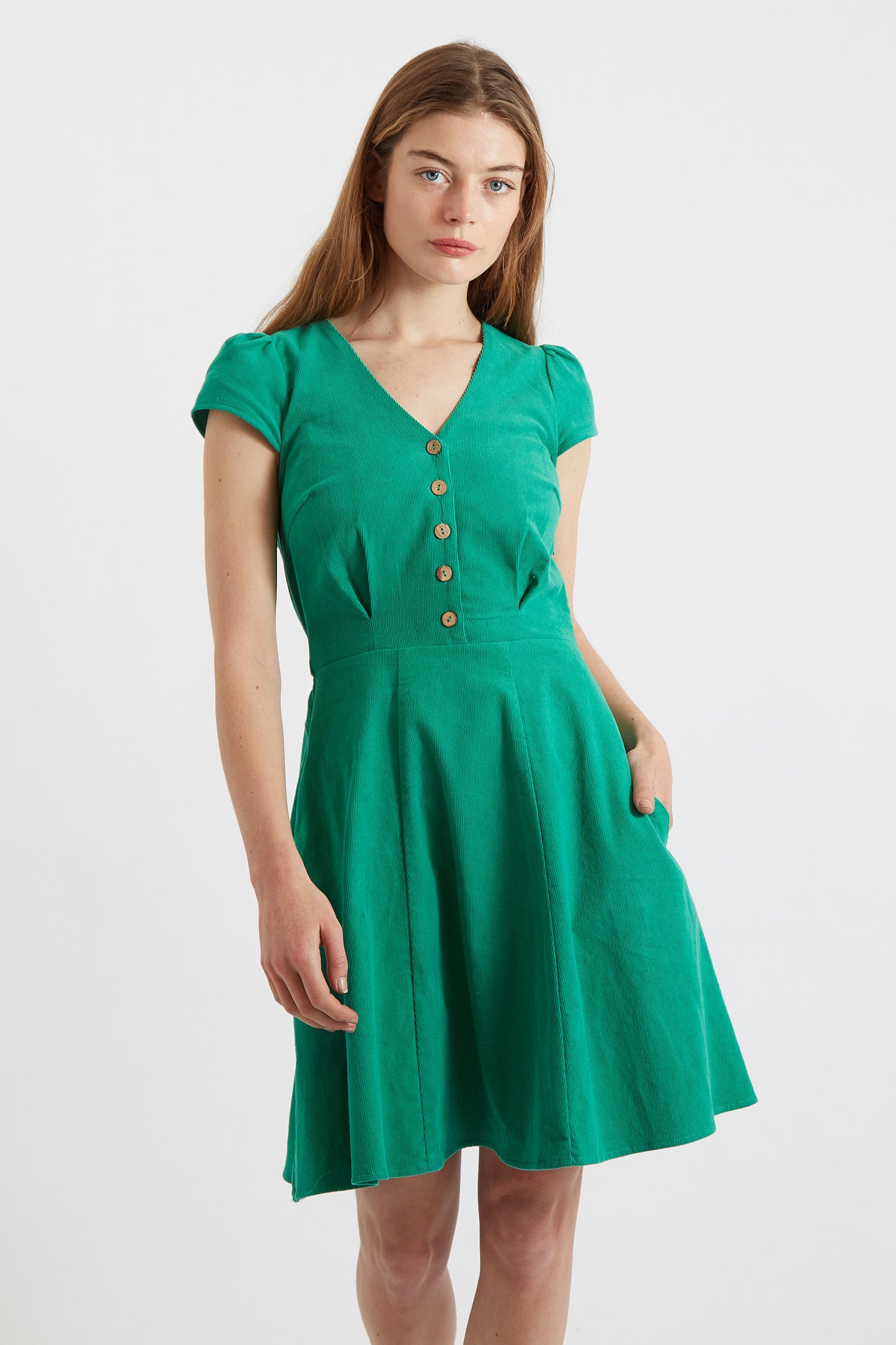 Louche Cathleen Green Mini Baby Cord Tea Dress