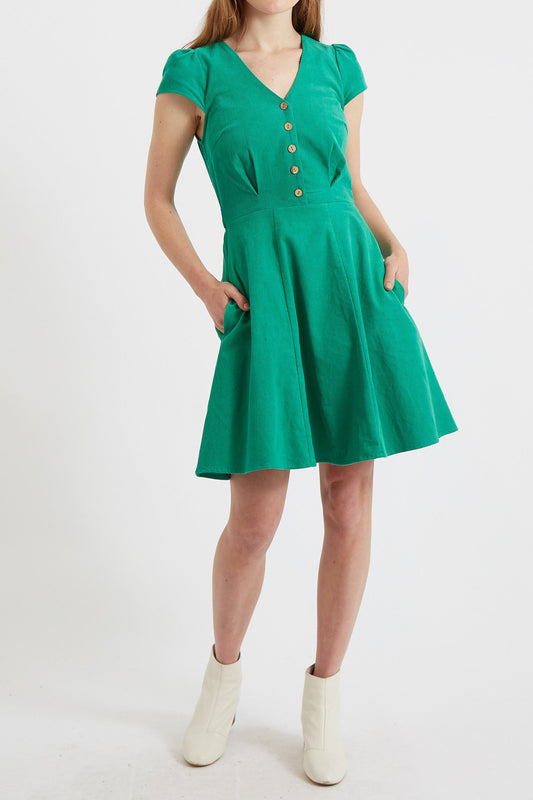 Louche Cathleen Green Mini Baby Cord Tea Dress