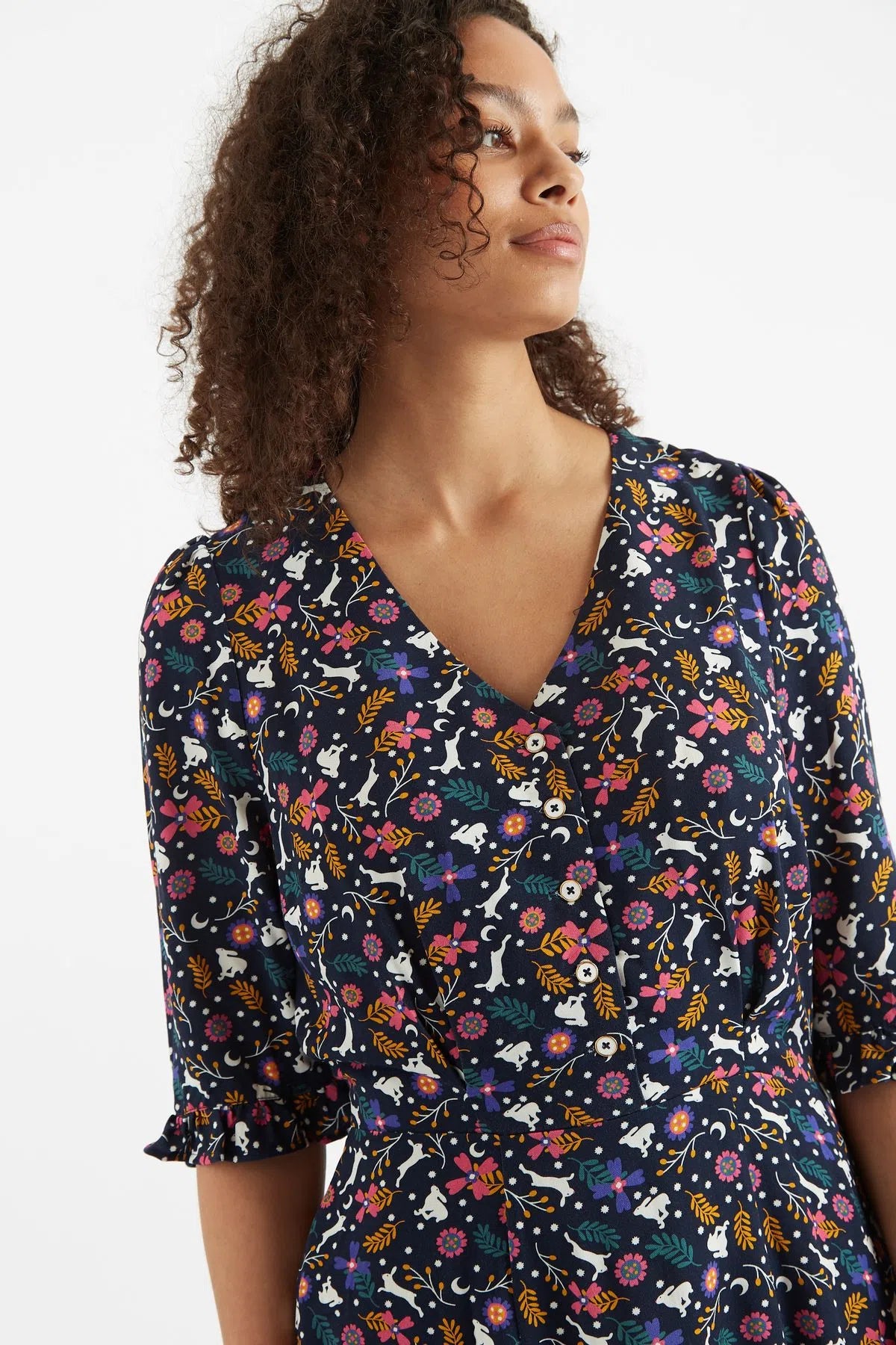 Caitlin White Rabbit Print V Neck Mini Dress