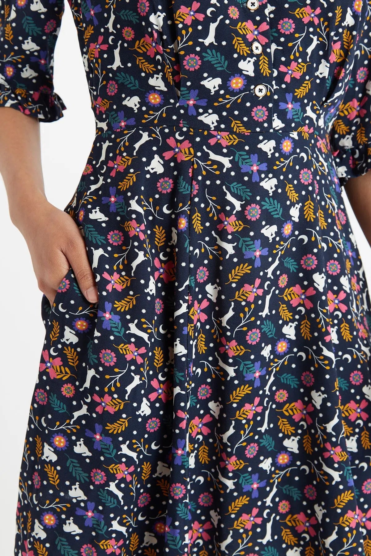 Caitlin White Rabbit Print V Neck Mini Dress