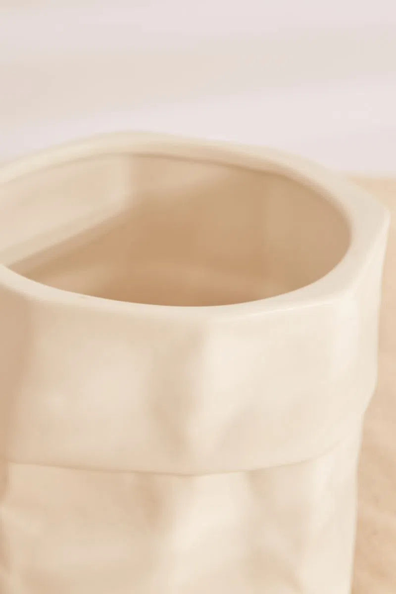 Large White Ceramic Paper Bag Planter - Styled