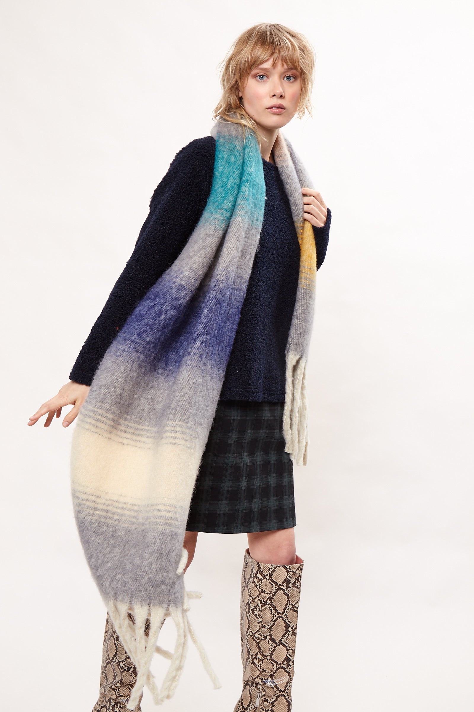 Louche Ciara Cosy Fluffy Striped Tassel Scarf - Grey - Detail 1