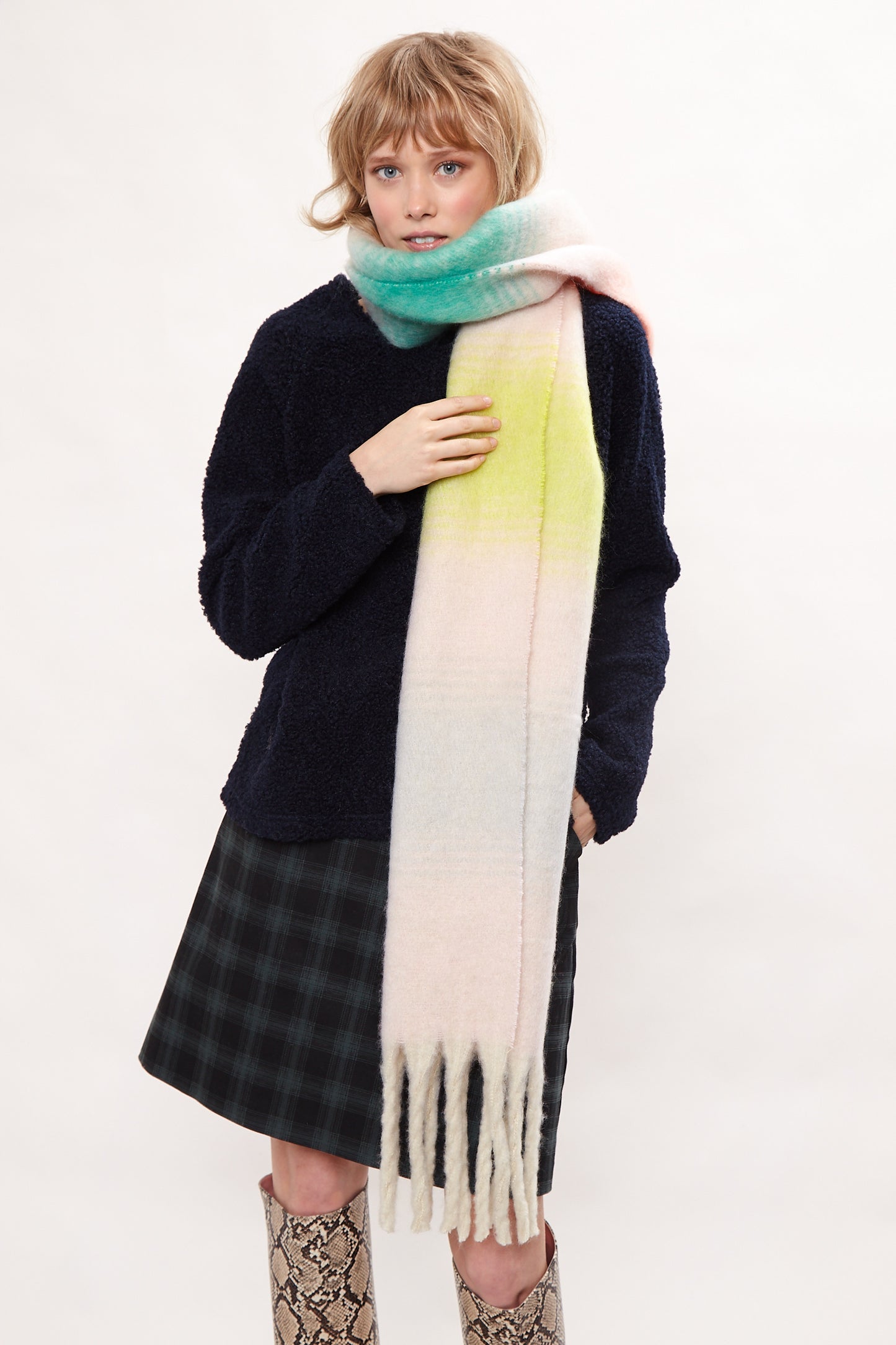 Louche Ciara Cosy Fluffy Striped Tassel Scarf - Pink