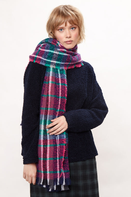 Louche Clodagh Warm Handle Checked Scarf With Fringed Edge - Navy