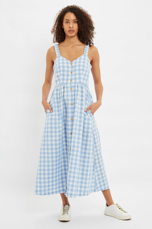 Louche Clover Picnic Check Button Through Midi Sundress In Blue