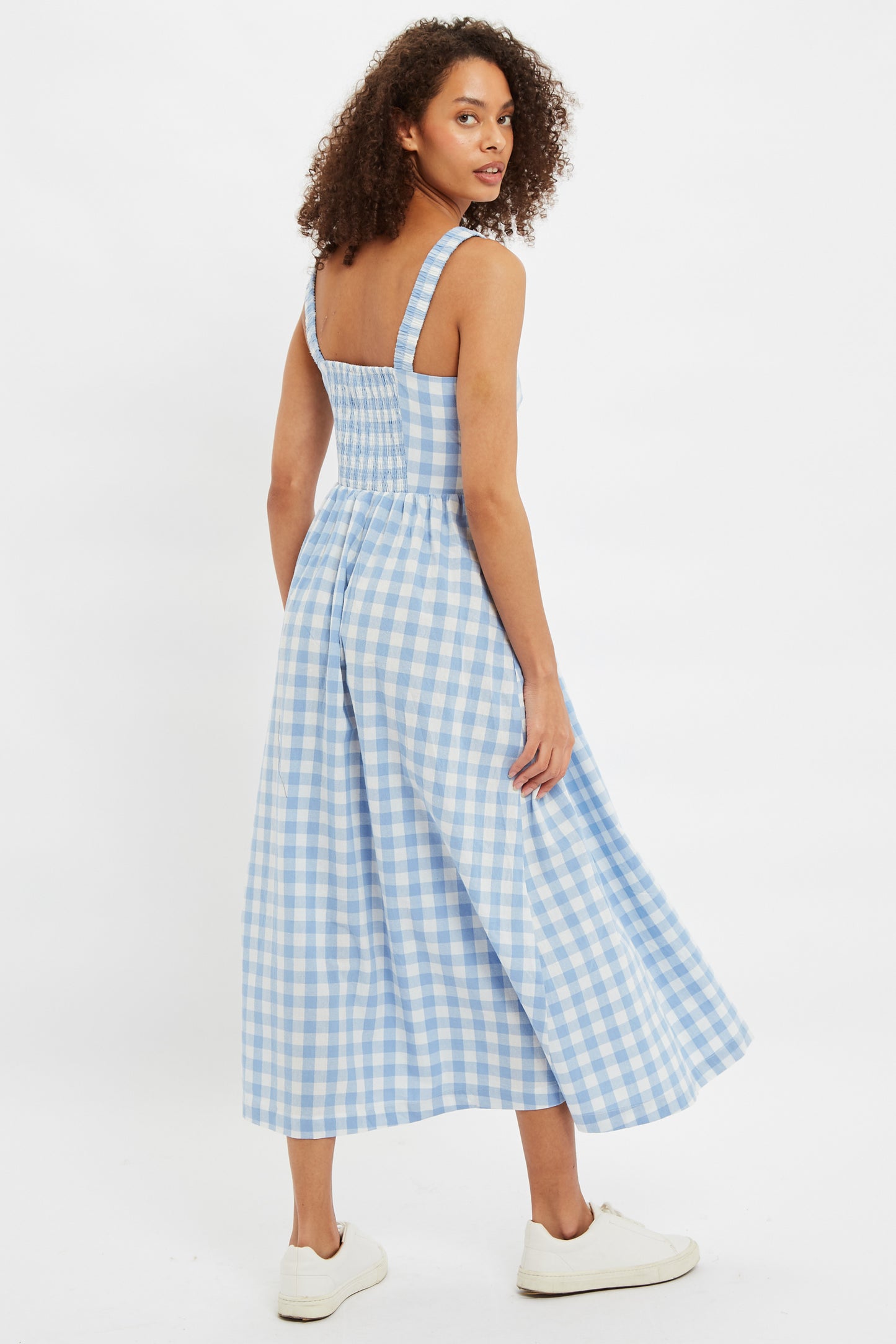 Louche Clover Picnic Check Button Through Midi Sundress In Blue