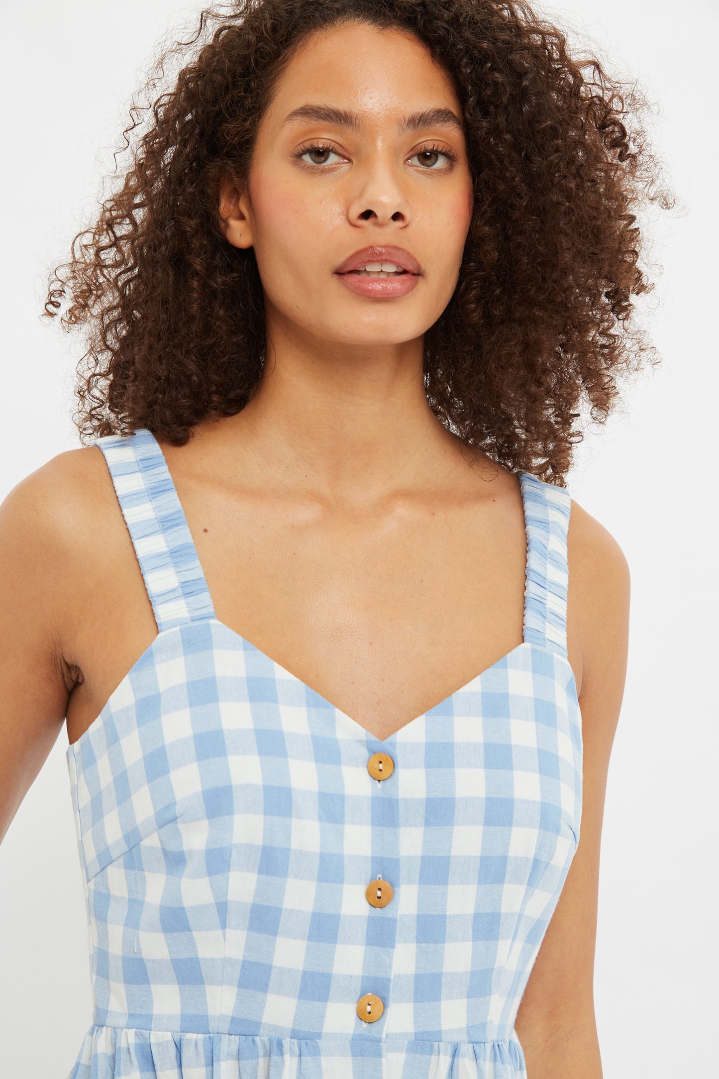 Louche Clover Picnic Check Button Through Midi Sundress In Blue