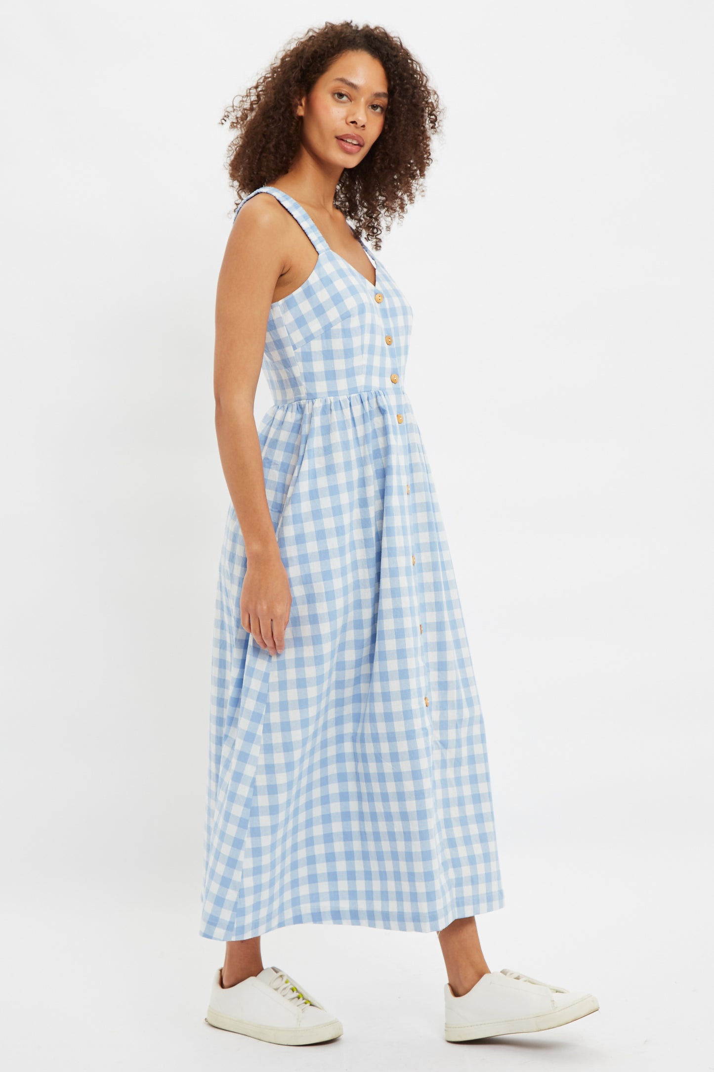 Louche Clover Picnic Check Button Through Midi Sundress In Blue