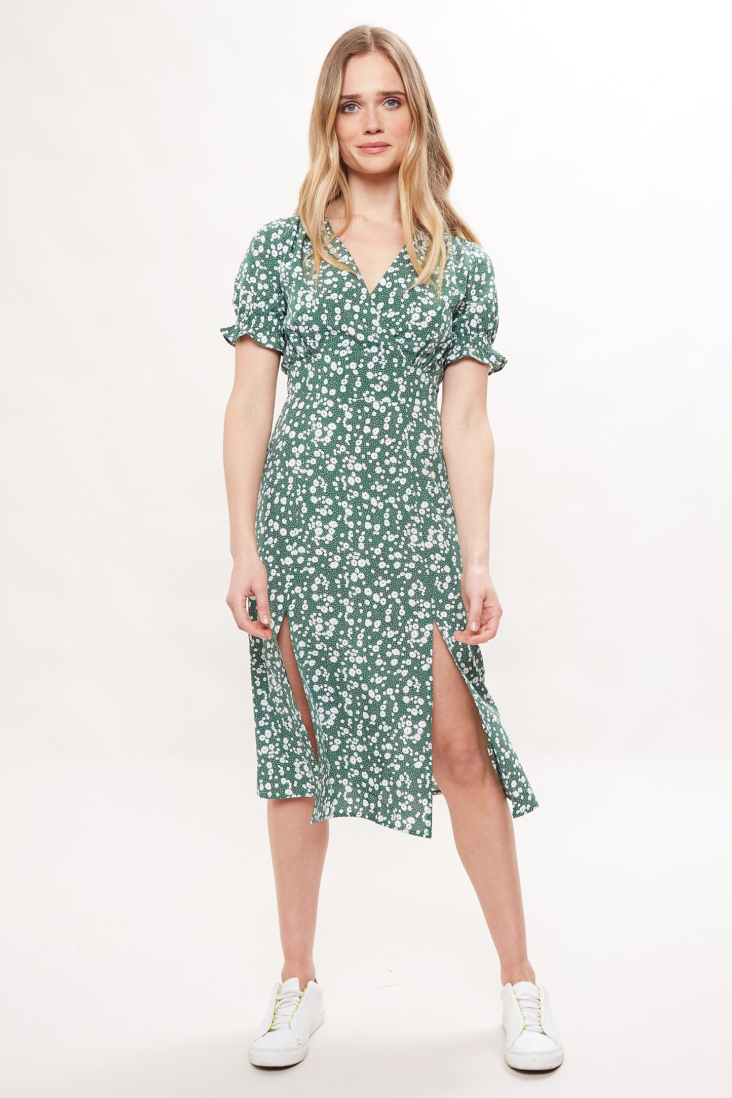 Corina Flower Dot Print Midi Tea Dress - Green