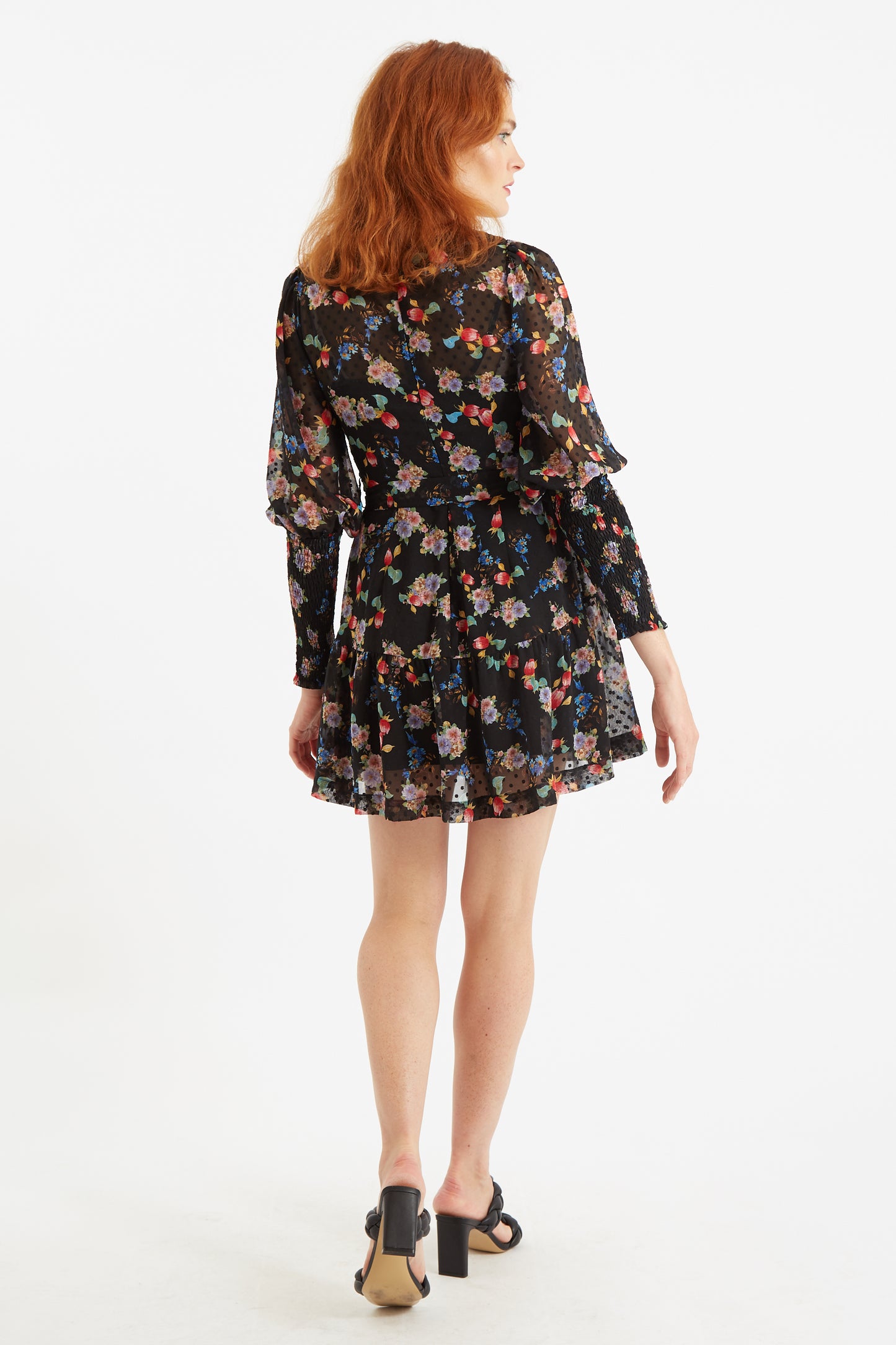 Louche Daphne Carpathian Florals Print Shirred Cuff Tie Waist Mini Dress
