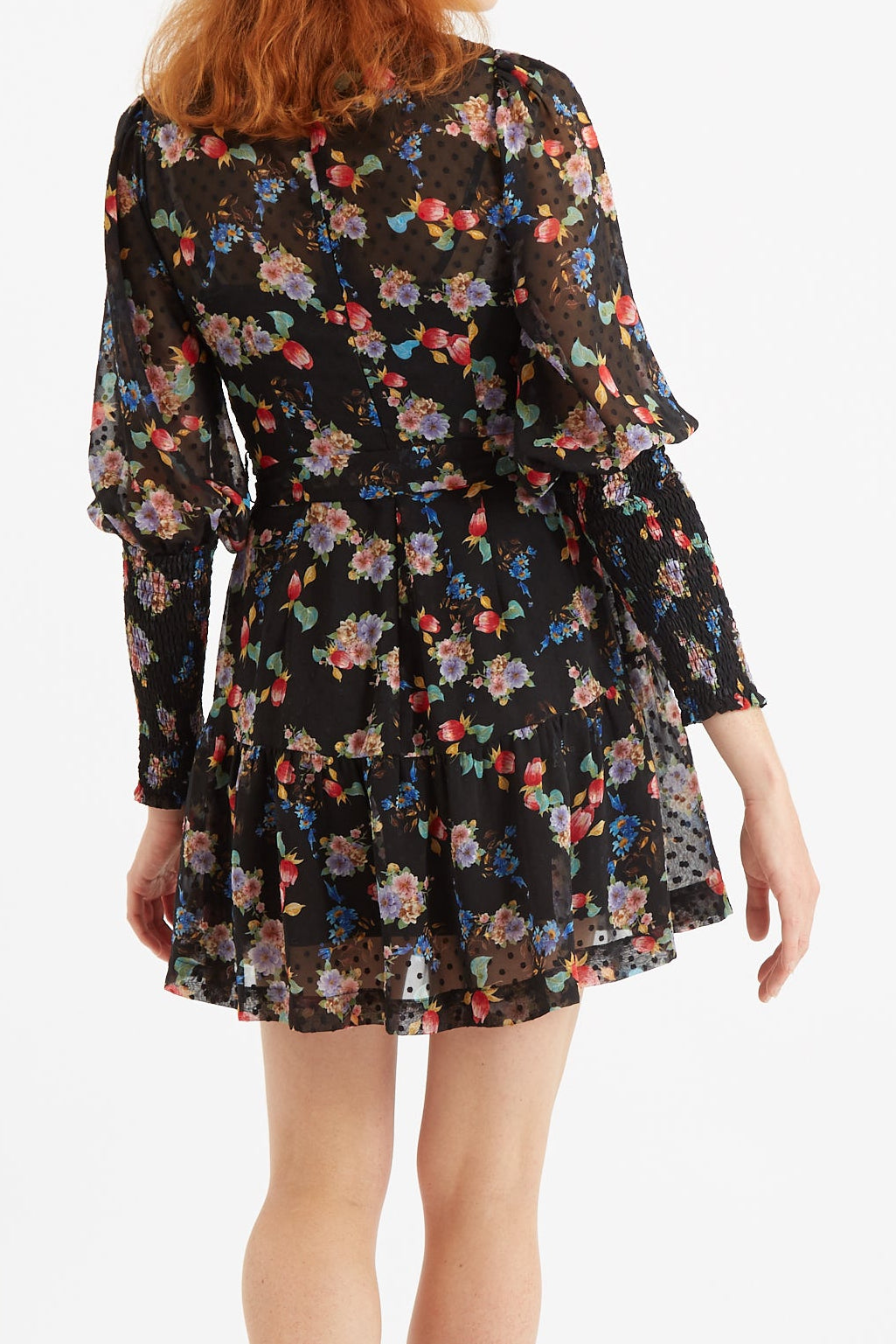 Daphne Carpathian Florals Print Shirred Cuff Tie Waist Mini Dress