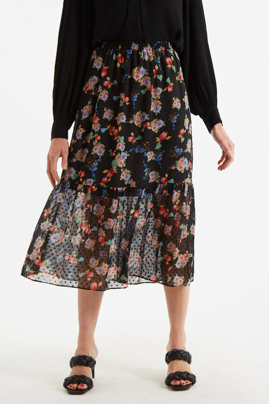 Dasha Carpathian Florals Print Tiered Midi Skirt