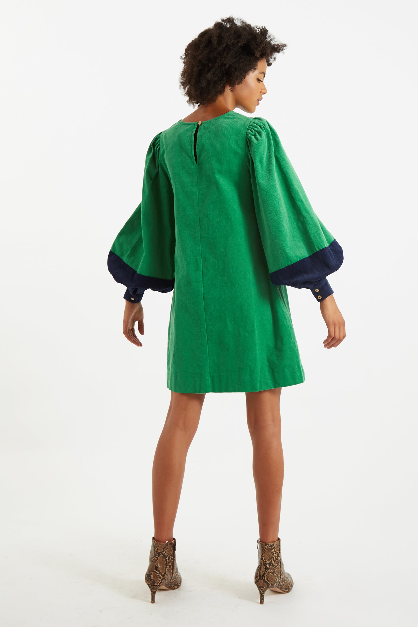 Louche Dixi Green Babycord Long Sleeve Mini Dress
