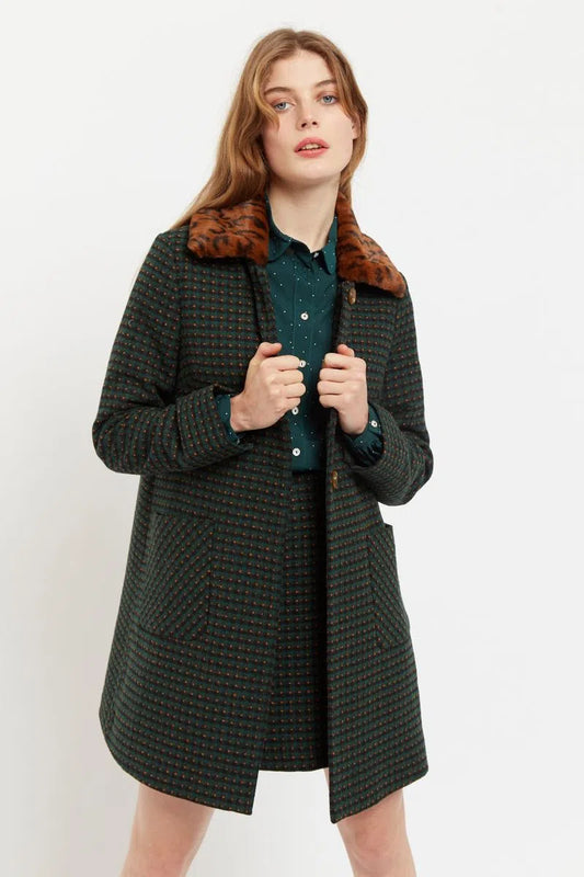 Louche Dryden Cottage Check Faux Fur Collar A Line Coat Green