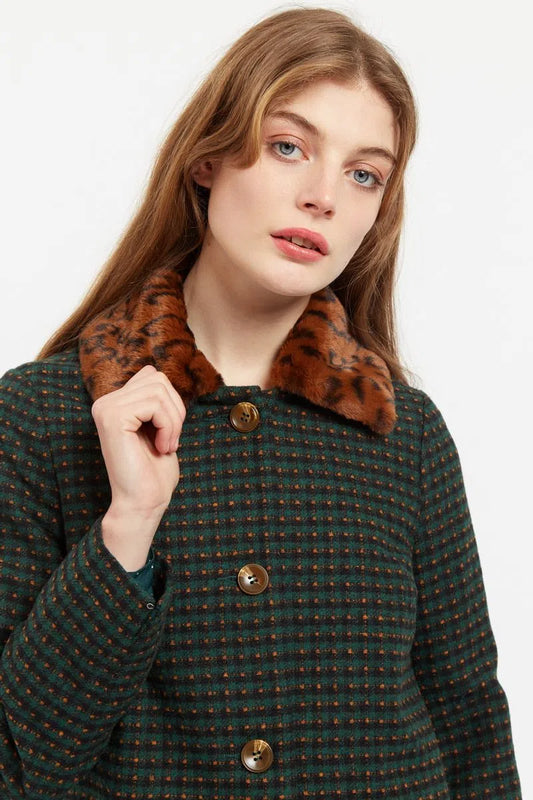 Louche Dryden Cottage Check Faux Fur Collar A Line Coat Green