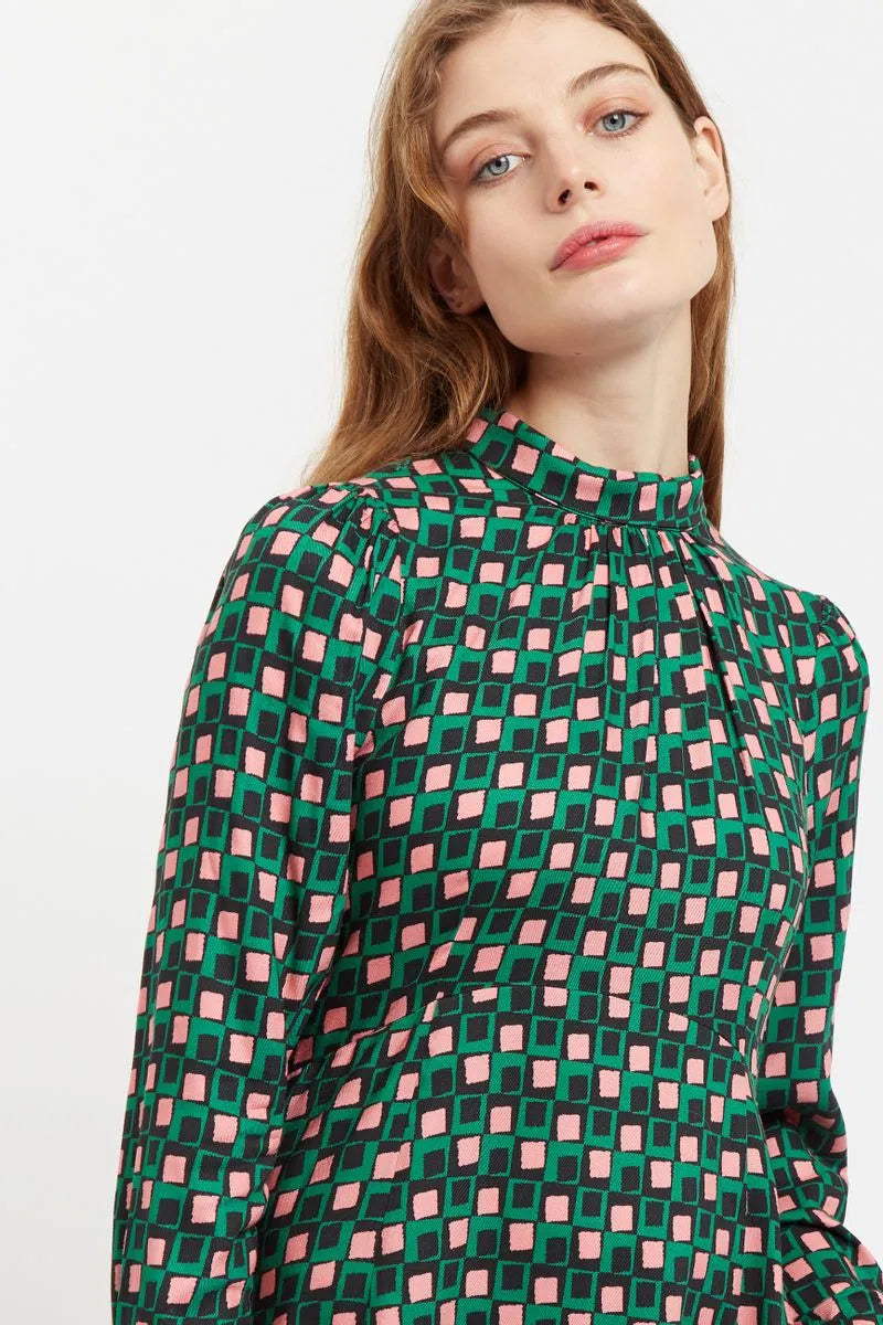 Ebba Retro Cubes Stand Collar Long Sleeve Mini Dress