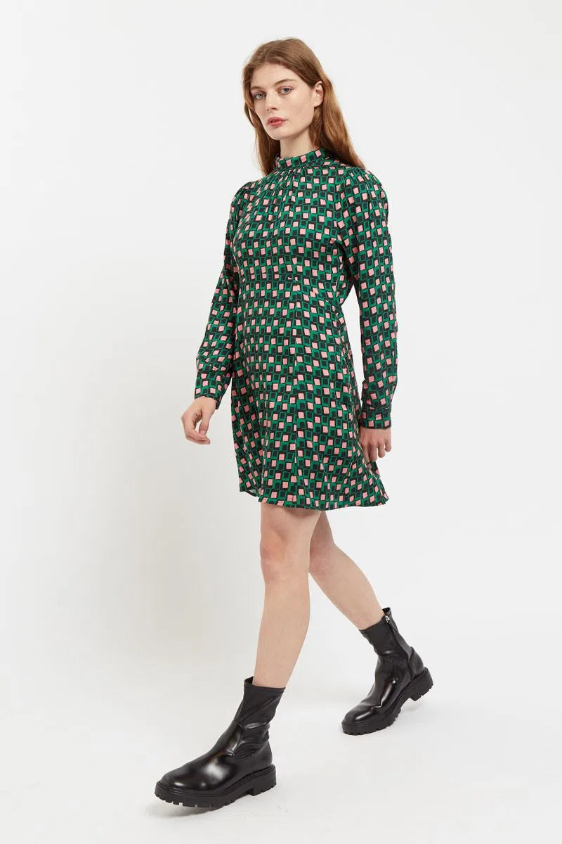 Ebba Retro Cubes Stand Collar Long Sleeve Mini Dress