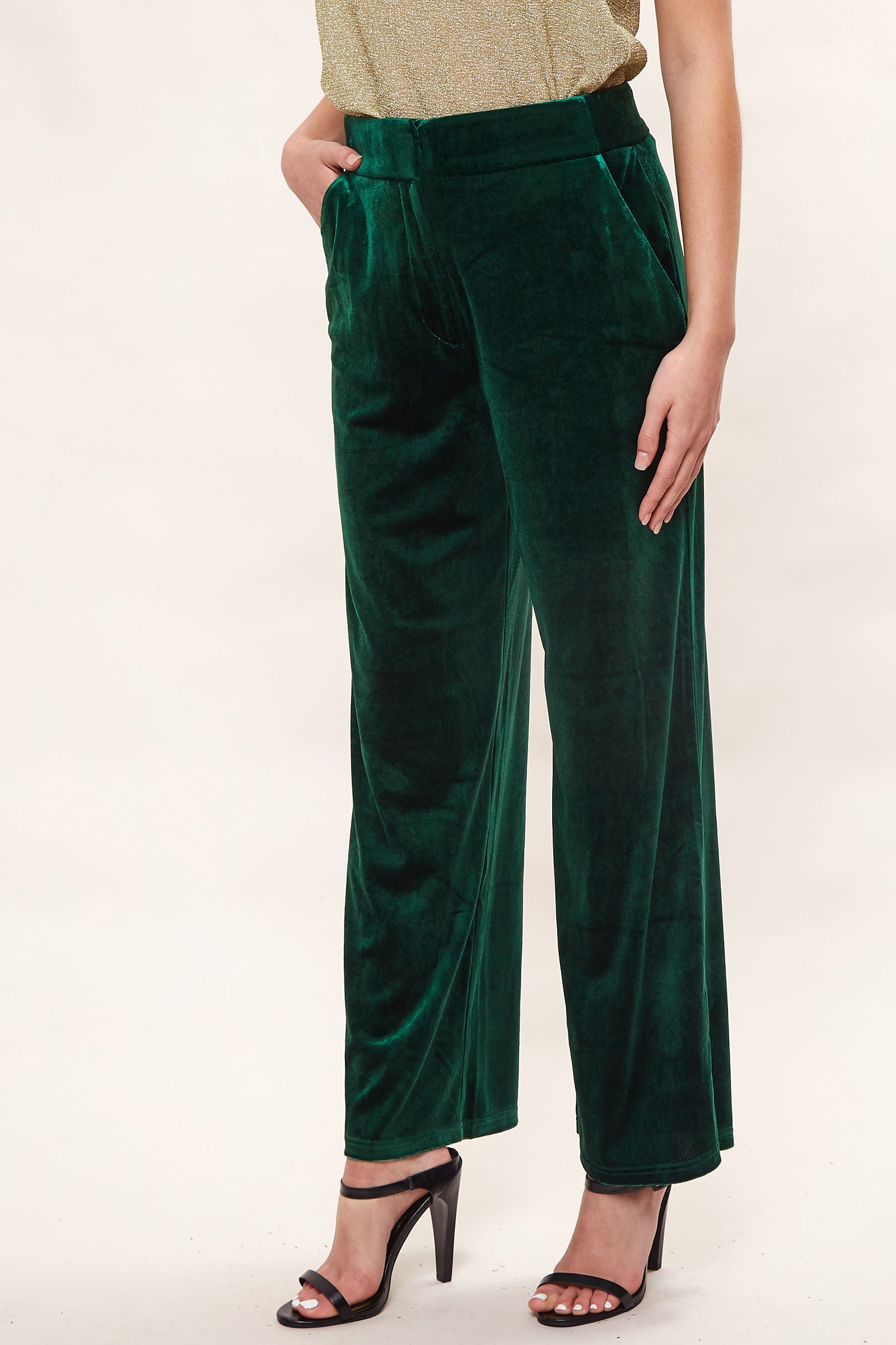 Elina Velvet Straight Leg Trouser - Green - Detail 3