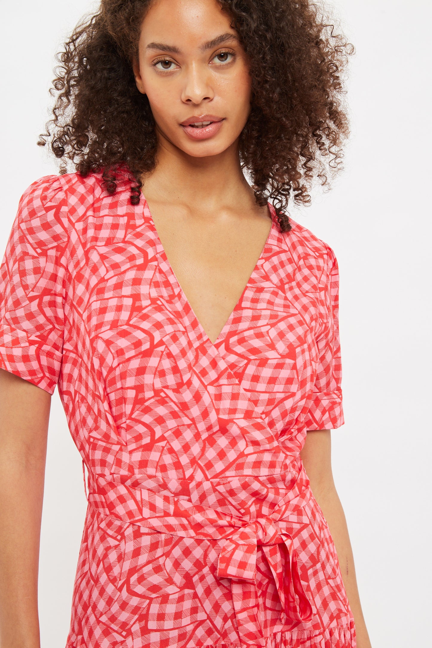 Louche Emin Gingham Twist Print Tiered Short Sleeve Midi Dress