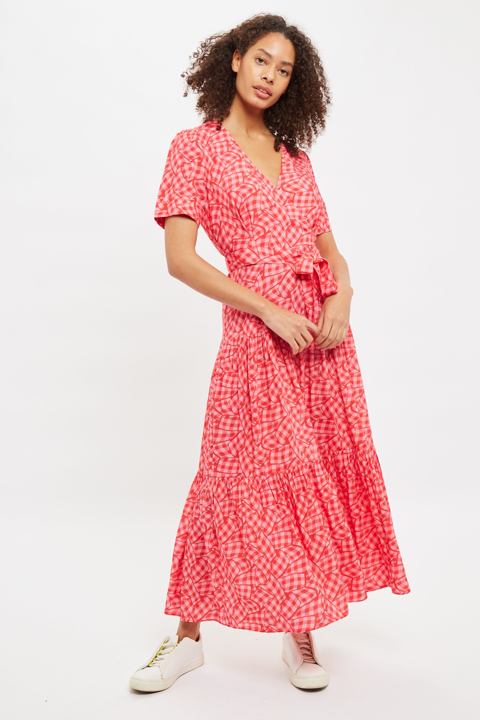 Louche Emin Gingham Twist Print Tiered Short Sleeve Midi Dress - Detail 2