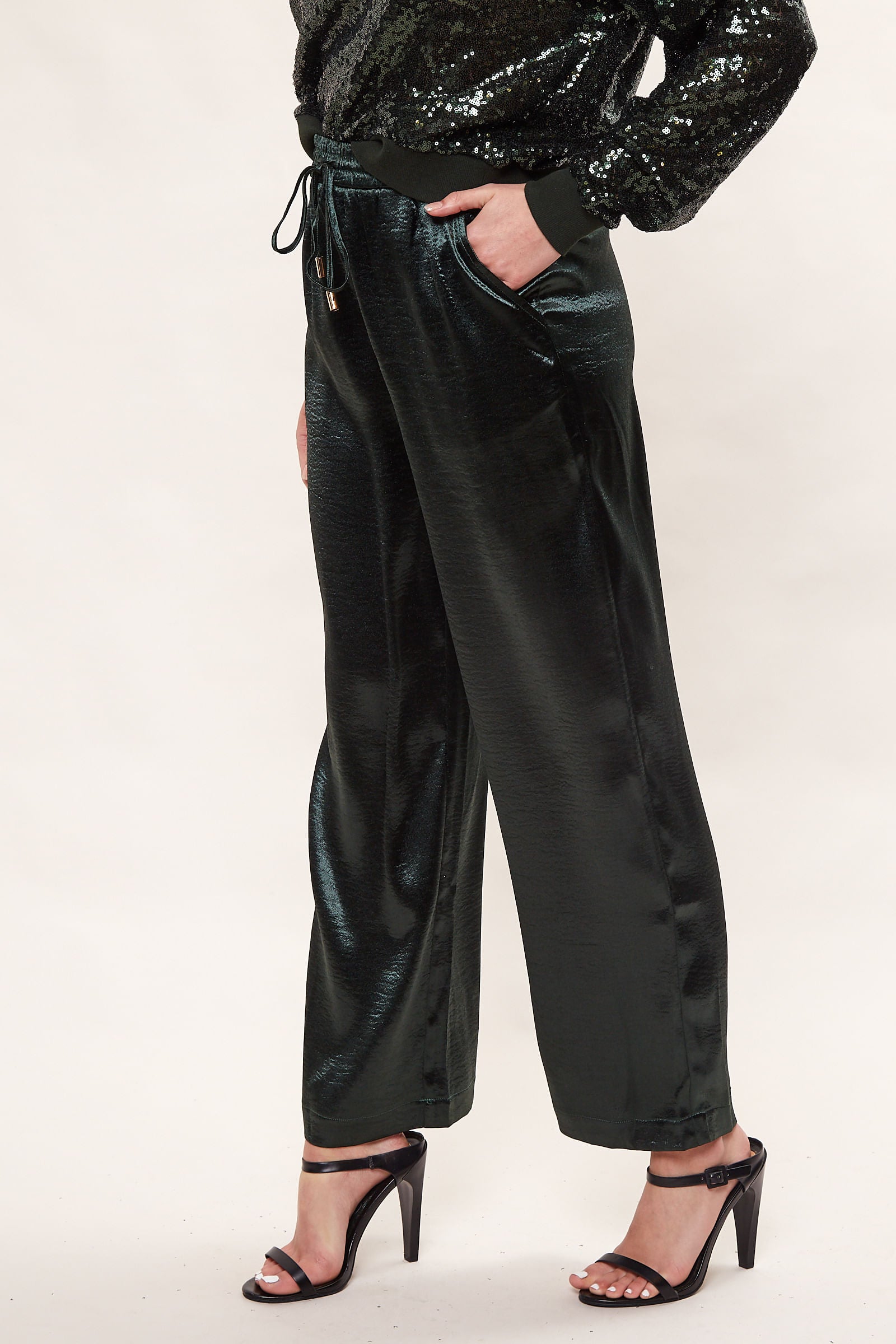Louche Satin Emmanuella Pull On Trouser - Green - Detail 2