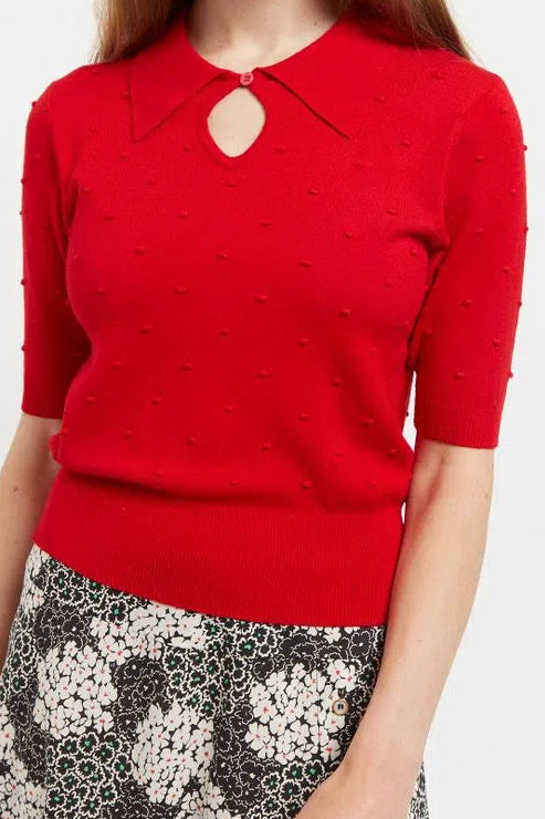 Louche Josephina Raindrops Textured Short Sleeve Collared Sweater Red