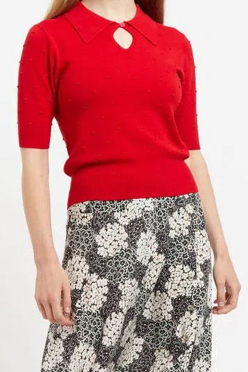 Louche Josephina Raindrops Textured Short Sleeve Collared Sweater Red - Detail 2