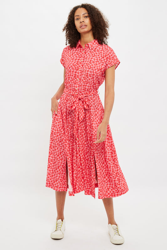 Louche Fleur Gingham Twist Print Short Sleeve Shirt Dress