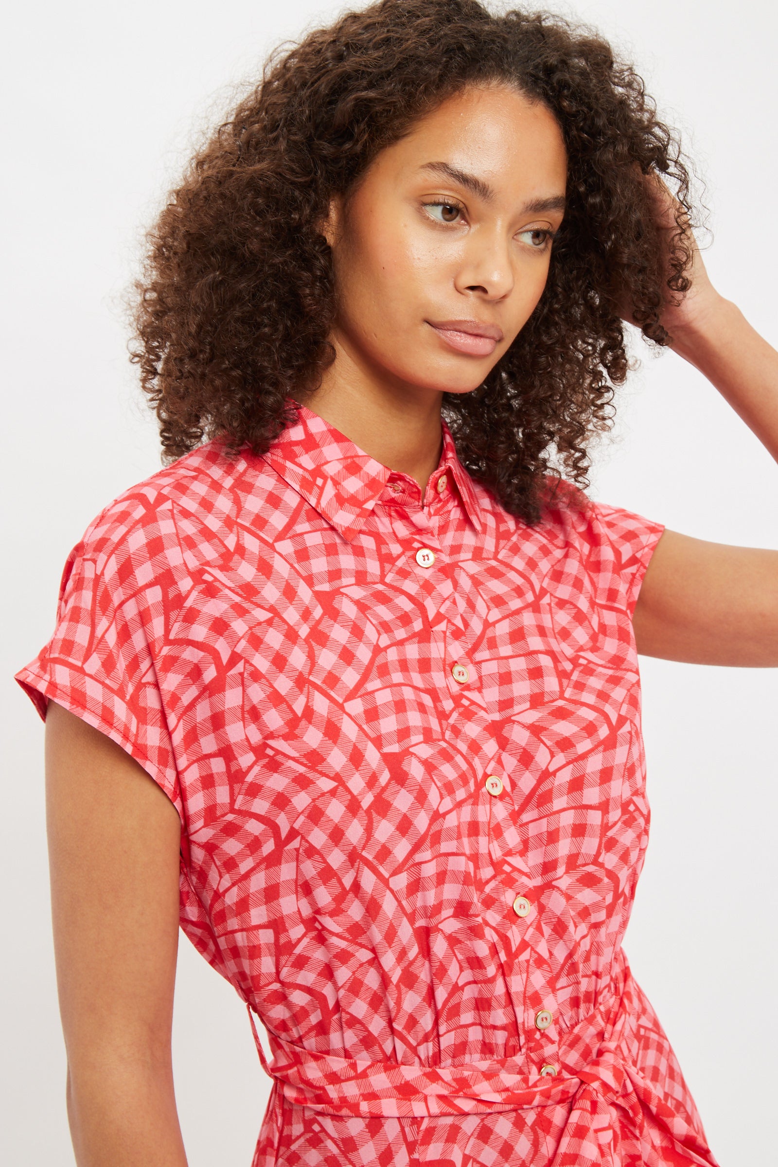 Louche Fleur Gingham Twist Print Short Sleeve Shirt Dress